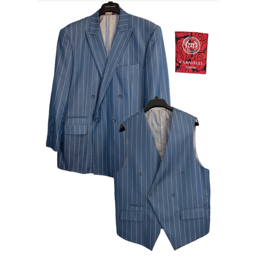 Caravelli 2 Pc Blue Pinstripe Mens 42R Blazer Suit Jacket & Vest Double Breasted